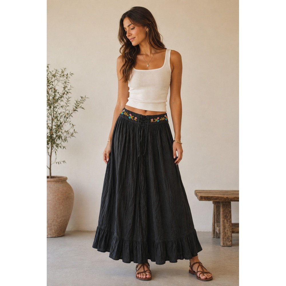 Black Embroidered Lace Up Boho Maxi Skirt Small Cotton Rayon Blend Tiered